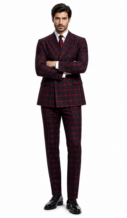 Mens Red and Black Plaid Double-Breasted Suit – Slim Fit Checkered 2 Piece Formal Business Outfit