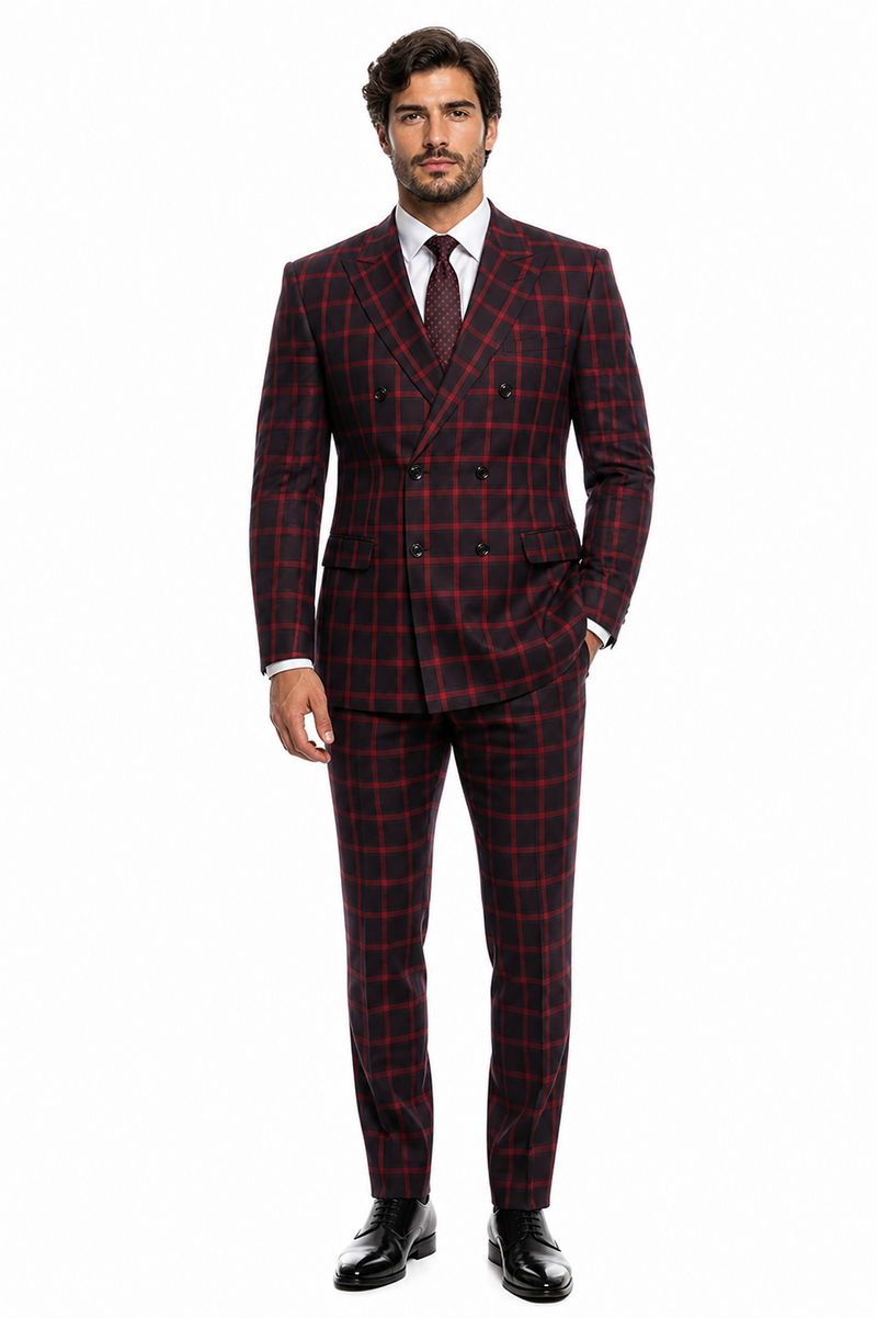 Mens Red and Black Plaid Double-Breasted Suit – Slim Fit Checkered 2 Piece Formal Business Outfit