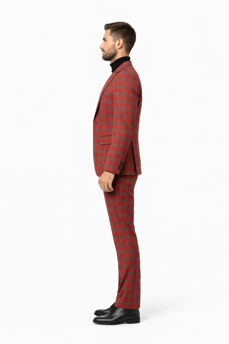Mens Red and Grey Plaid 3-Piece Suit with Vest - Modern Fit Peak Lapel By Dominique Wilson