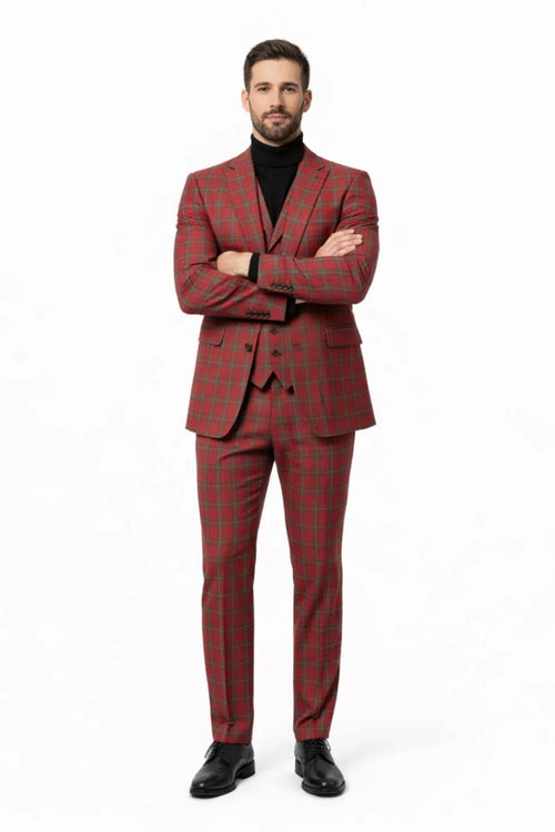 Mens Red and Grey Plaid 3-Piece Suit with Vest - Modern Fit Peak Lapel By Dominique Wilson