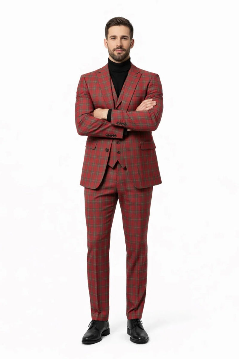 Mens Red and Grey Plaid 3-Piece Suit with Vest - Modern Fit Peak Lapel By Dominique Wilson