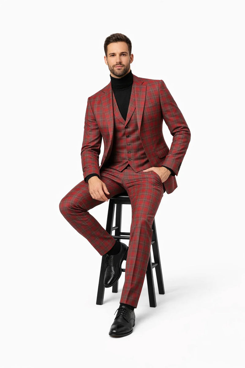 Mens Red and Grey Plaid 3-Piece Suit with Vest - Modern Fit Peak Lapel By Dominique Wilson
