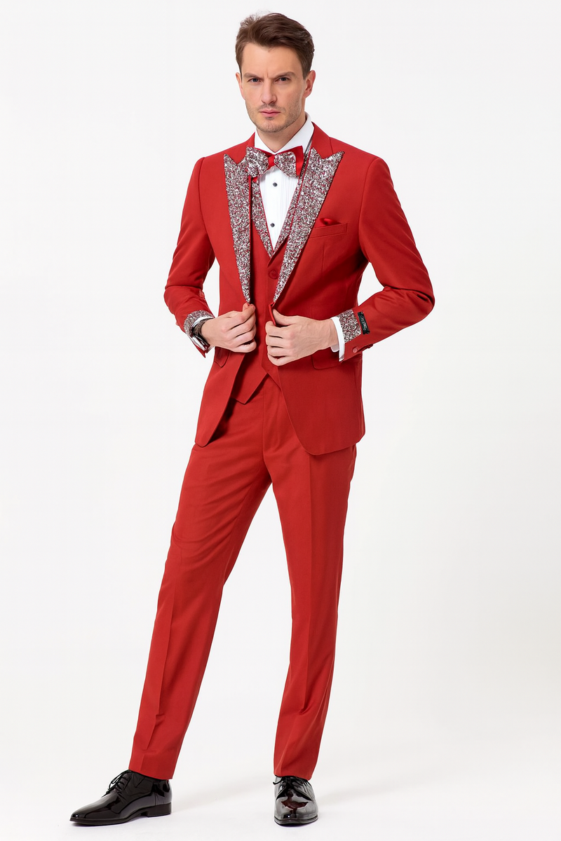 Red & white men's three-piece tuxedo. Red jacket w/ sequin lapel, matching vest, and trousers. Includes a decorative bow tie.