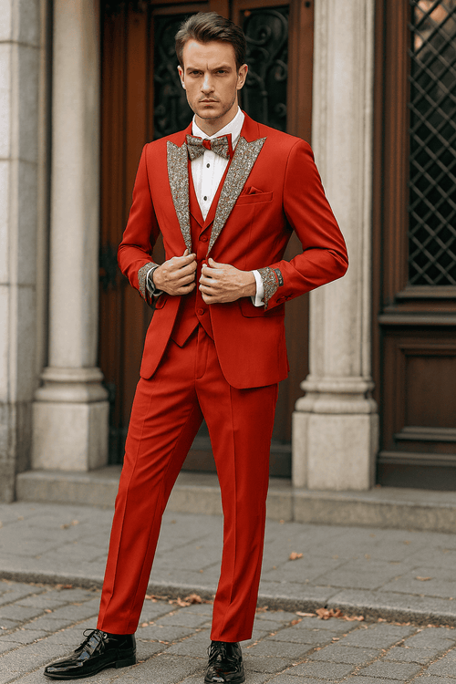 Men’s Red And White Lapel Three-Piece Tuxedo with Sequin Lapel and Matching Bow Tie - Chirstmas Suit