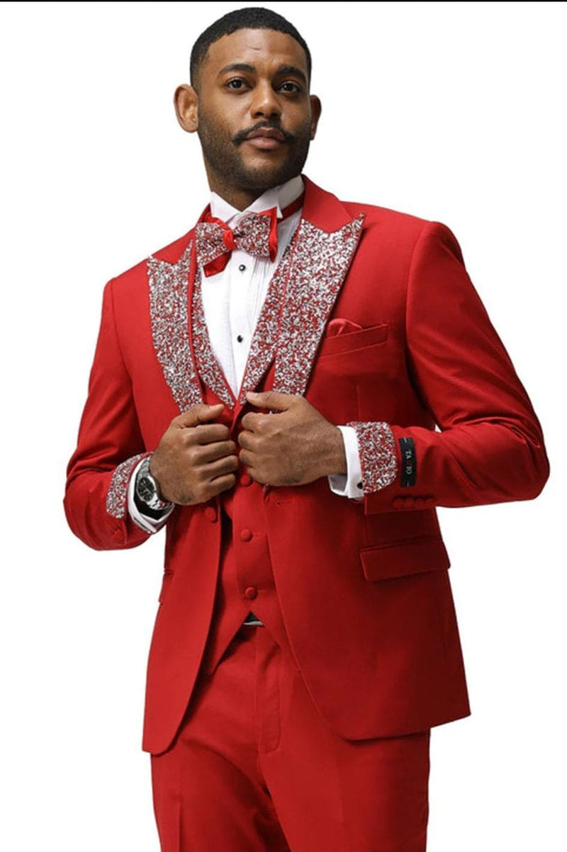 Dazzling men's red tuxedo: sequined lapel, fitted cut, and matching bow tie. Bright red fabric, single-breasted jacket, decorated cuffs, and pocket square. White shirt enhances the color contrast.