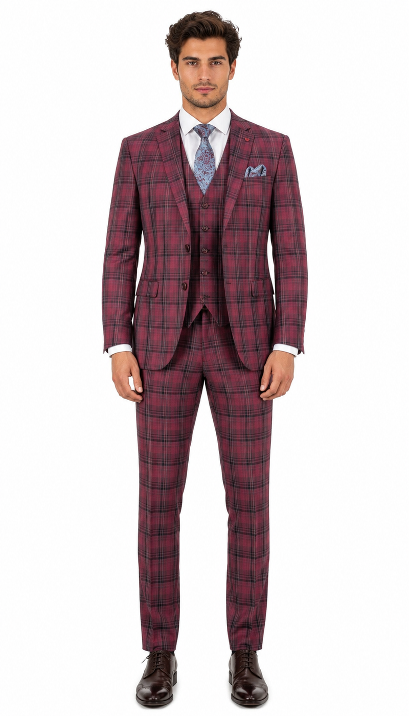 Mens Red Burgundy Plaid 3-Piece Suit - Classic Checkered Modern Fit Suit for Weddings, Church and Formal Events