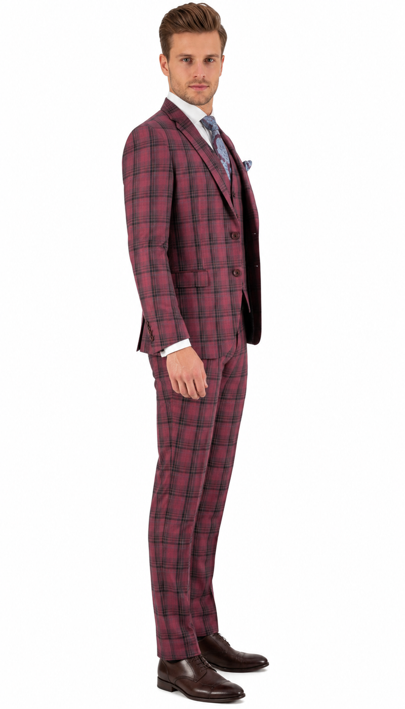 Mens Red Burgundy Plaid 3-Piece Suit - Classic Checkered Modern Fit Suit for Weddings, Church and Formal Events