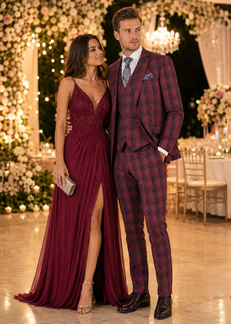 Mens Red Burgundy Plaid 3-Piece Suit - Classic Checkered Modern Fit Suit for Weddings, Church and Formal Events