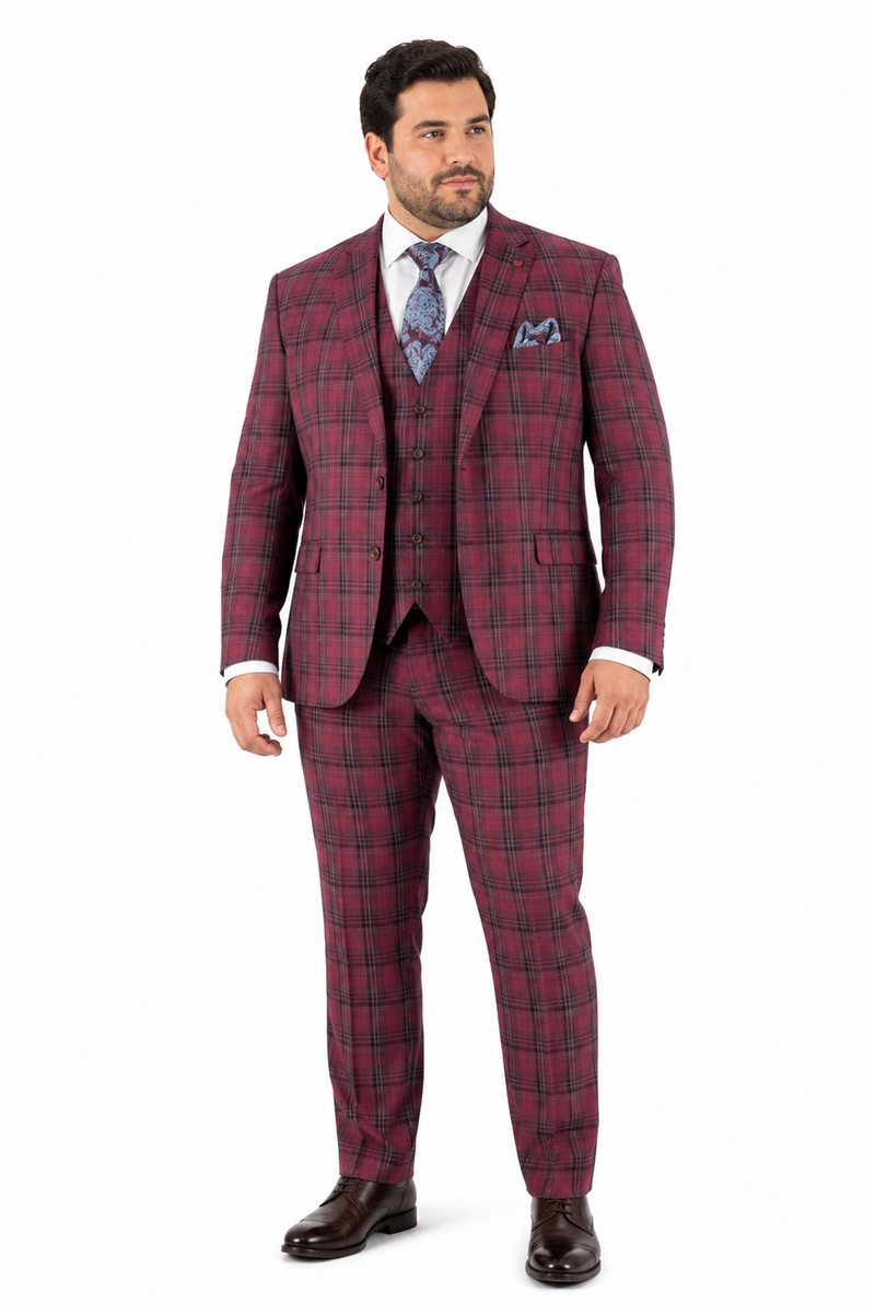 Mens Red Burgundy Plaid 3-Piece Suit - Classic Checkered Modern Fit Suit for Weddings, Church and Formal Events