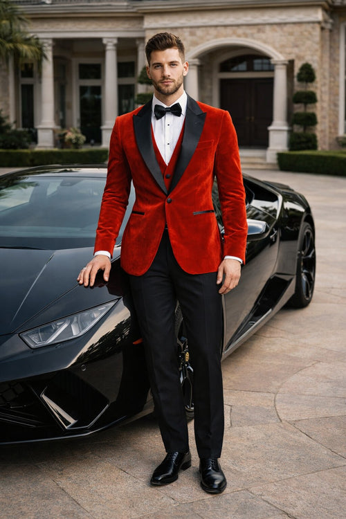 Mens Designer Velvet Tuxedo Jacket in Red