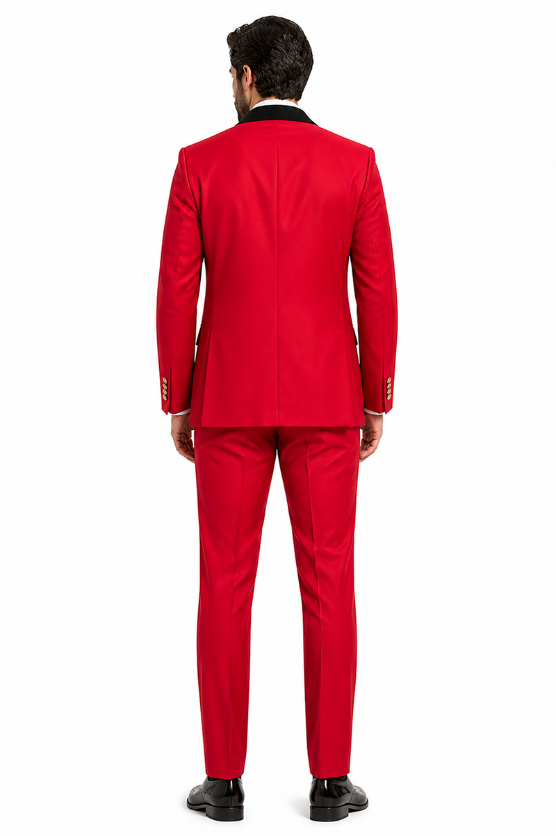 Men's Red Double-Breasted Wedding Tuxedo with Black Velvet Lapel and Gold Buttons - Christmas New Year Suit