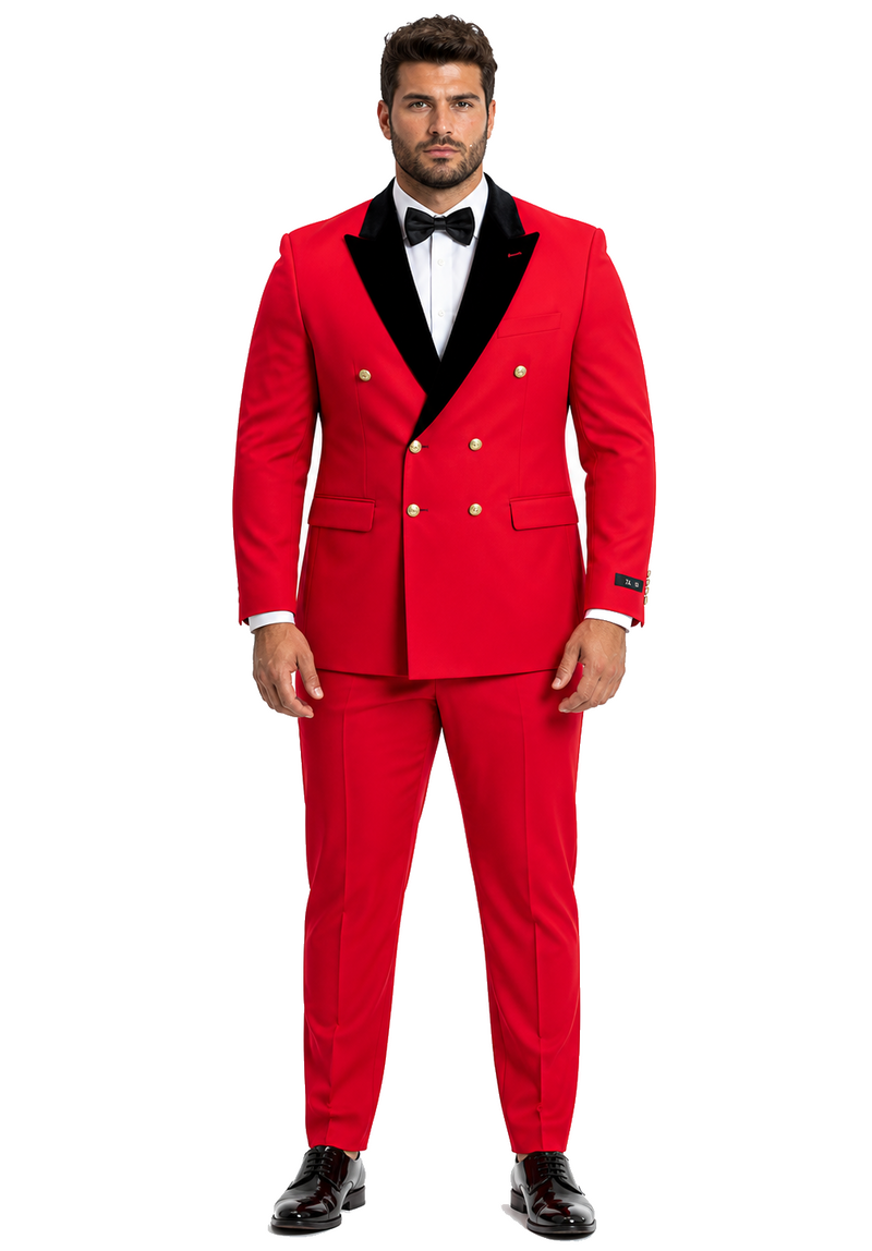 Men's Red Double-Breasted Wedding Tuxedo with Black Velvet Lapel and Gold Buttons - Christmas New Year Suit