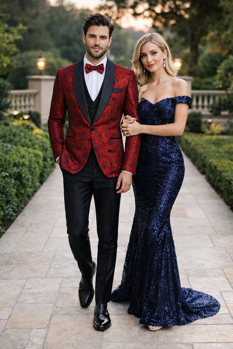 Men's One Button Slim Fit Shiny Paisley Red Prom Tuxedo