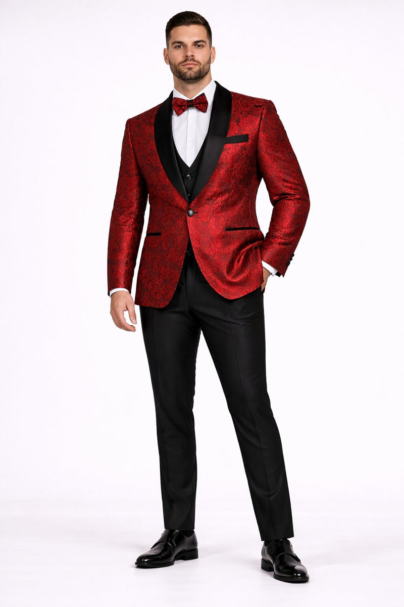 Men's One Button Slim Fit Shiny Paisley Red Prom Tuxedo
