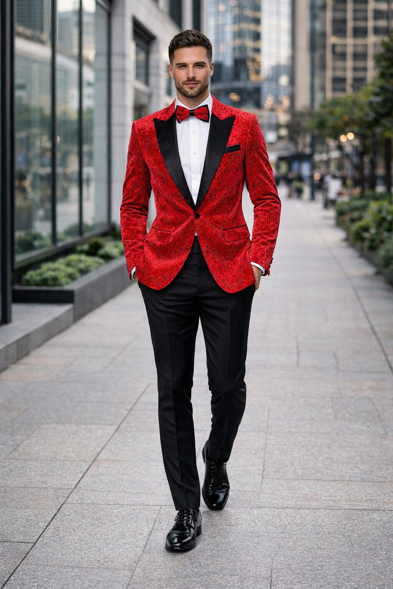 Men’s Red Velvet Studded Prom Tuxedo Jacket – Wedding and Formal Wear