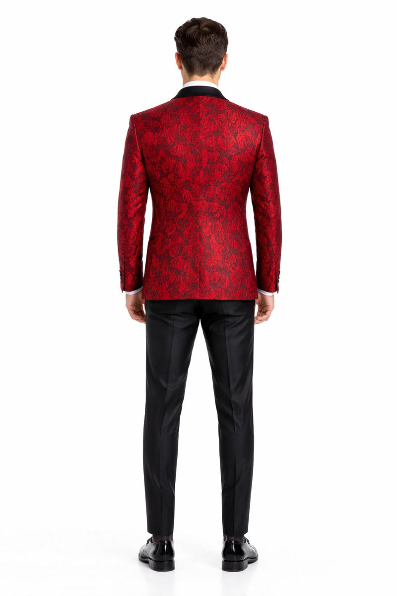 Men's One Button Slim Fit Shiny Paisley Red Prom Tuxedo