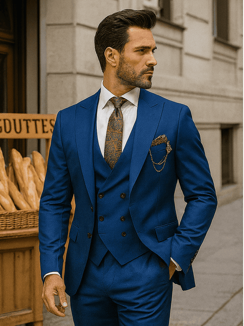 Elegant blue three-piece suit: tailored blazer, double-breasted waistcoat, flat-front trousers. Paisley tie & coordinating pocket square add flair. Woven fabric creates a structured silhouette.