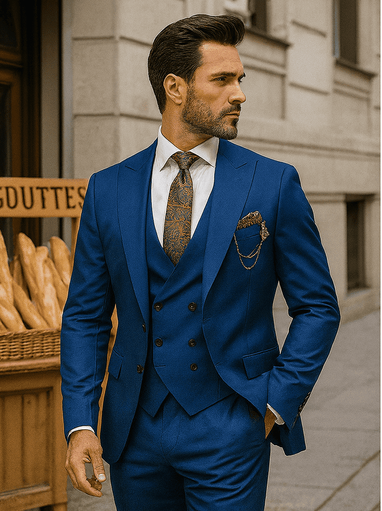 Luxury Blue Three-Piece Suit with Paisley Tie – Elegant Formal Outfit