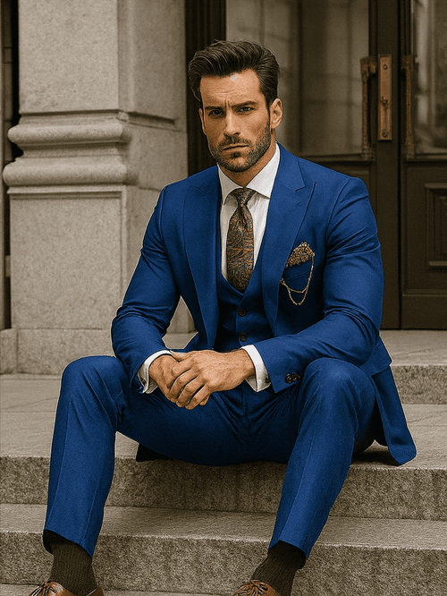 Luxury Blue Three-Piece Suit with Paisley Tie – Elegant Formal Outfit