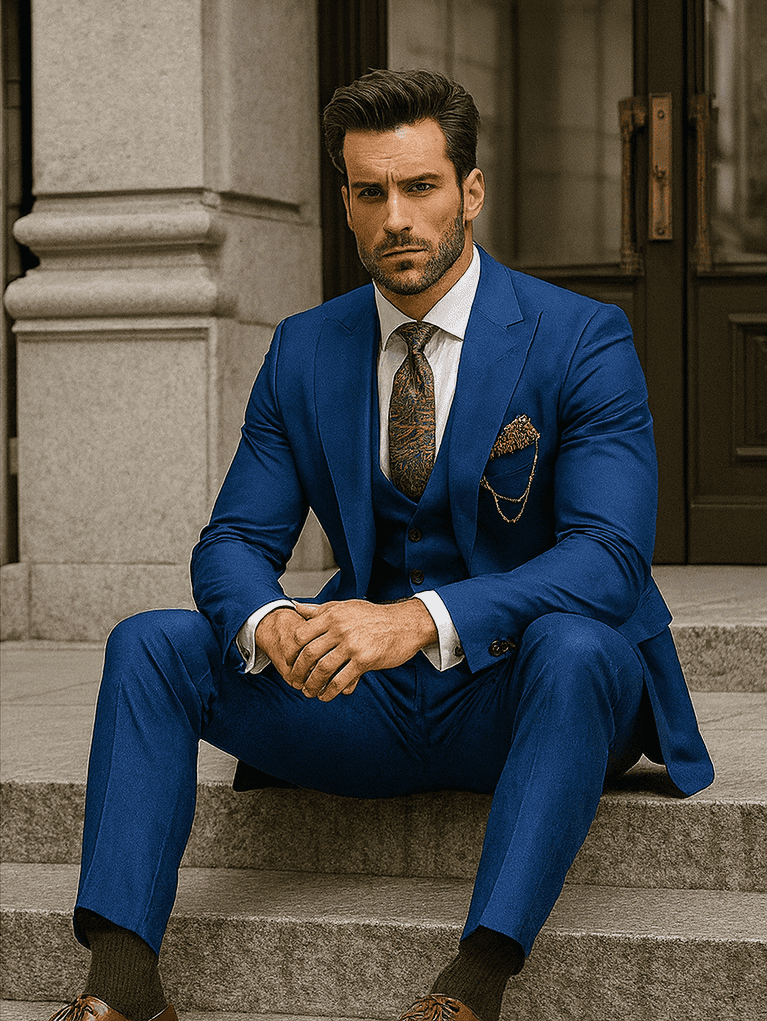 Luxury Blue Three-Piece Suit with Paisley Tie – Elegant Formal Outfit