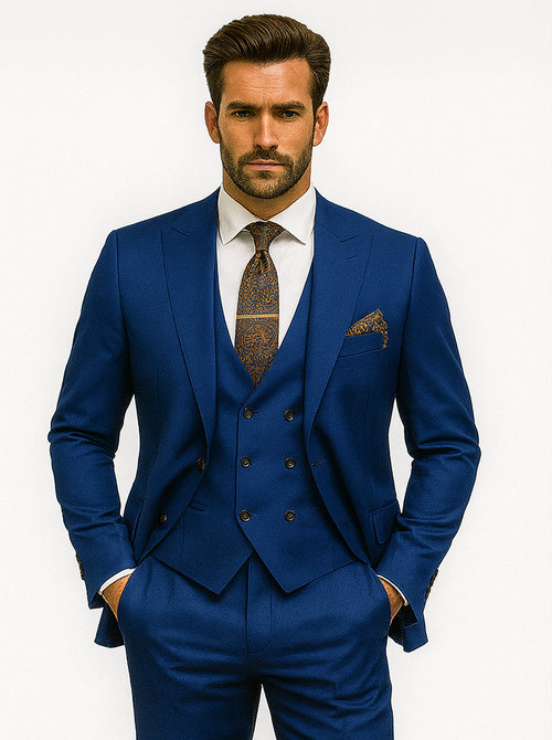 Luxury Blue Three-Piece Suit with Paisley Tie – Elegant Formal Outfit