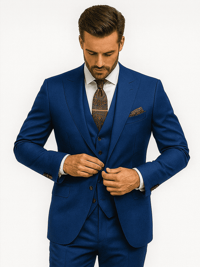 Luxury Blue Three-Piece Suit with Paisley Tie – Elegant Formal Outfit