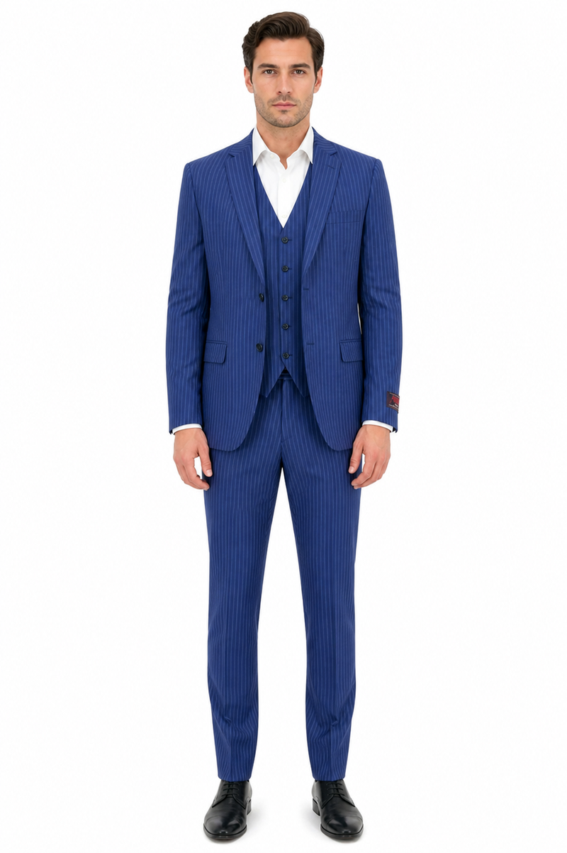 Men’s Royal Blue Pinstripe Three Piece Suit – Classic Formal 3PC Business and Wedding Suit Indigo Teal Saphire Pinstripe