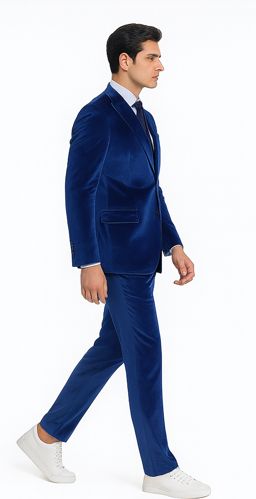 Men's royal blue velvet suit. Slim fit, two-piece formal set. Single-breasted jacket with notched lapels & straight-leg pants. Soft velvet fabric. Model styled with white sneakers.