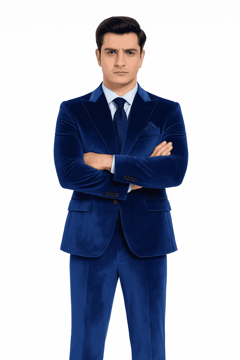 Royal blue velvet designer suit. Two-piece formal set with a slim-fit blazer (notched lapels, button closure) and matching tailored trousers.