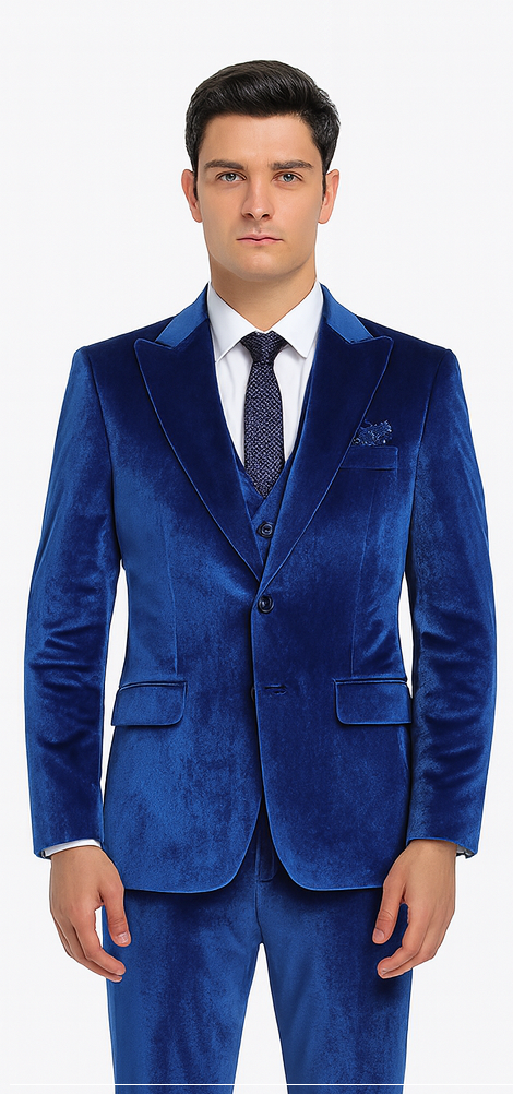 Men's royal blue velvet suit. Slim fit, 2-piece formal set: tailored blazer with notched lapels & pockets, plus matching trousers. Rich, smooth fabric texture.