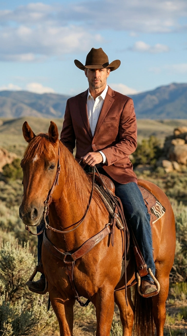 Mens Rust Light Brown Shiny Western Blazer – Cowboy Style Formal Sport Coat Jacket in Copper Color Slim Fitted
