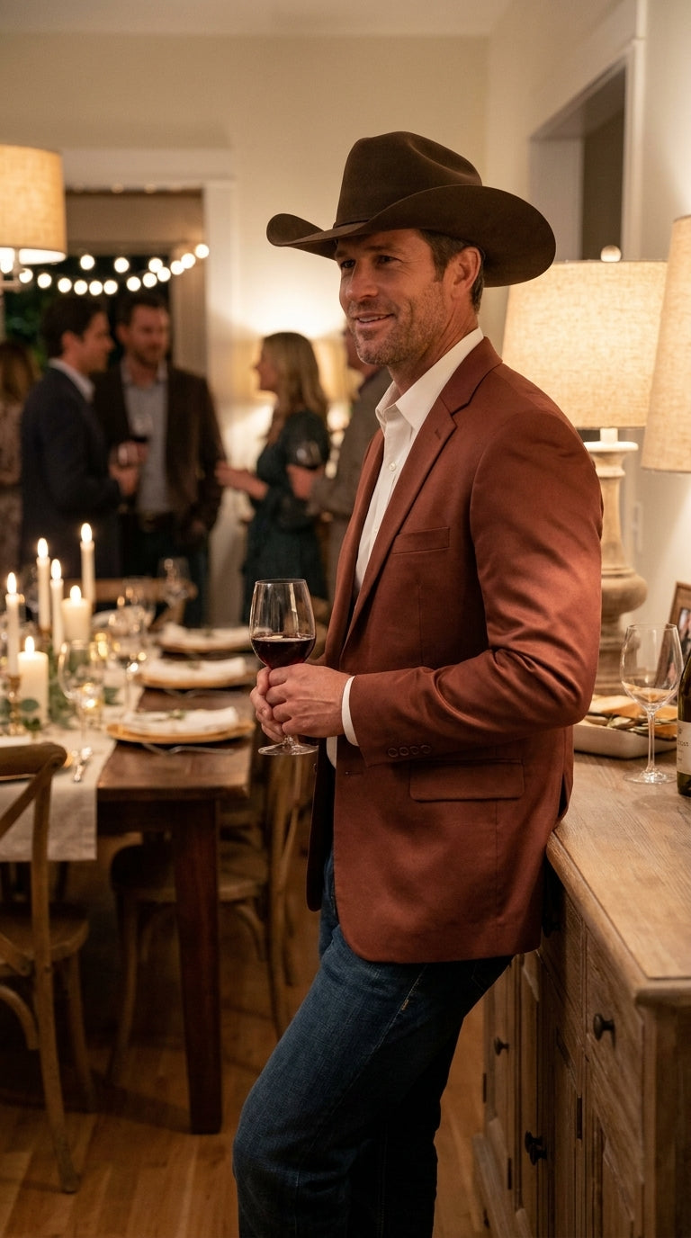 Mens Rust Light Brown Shiny Western Blazer – Cowboy Style Formal Sport Coat Jacket in Copper Color Slim Fitted