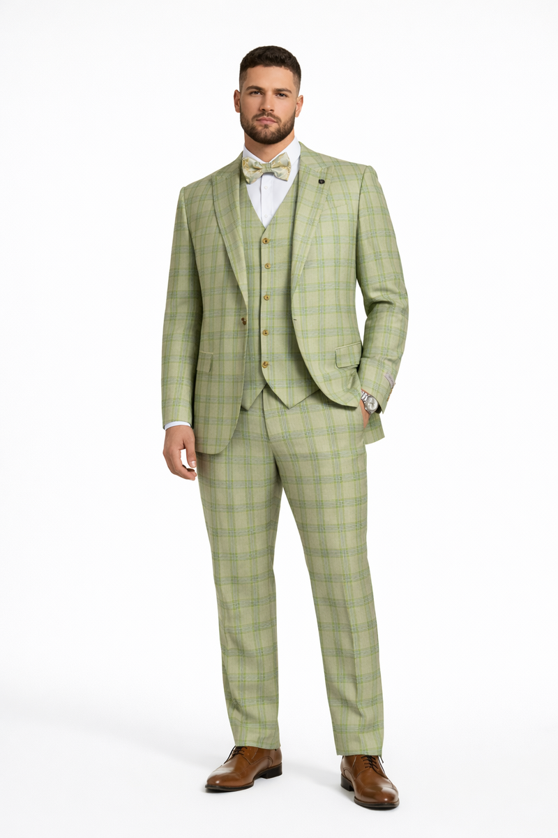 Mens Stacy Adams Suit - Stacy Adams Men's Plaid Suit with Paisley Vest & Bow Tie - Sage Green