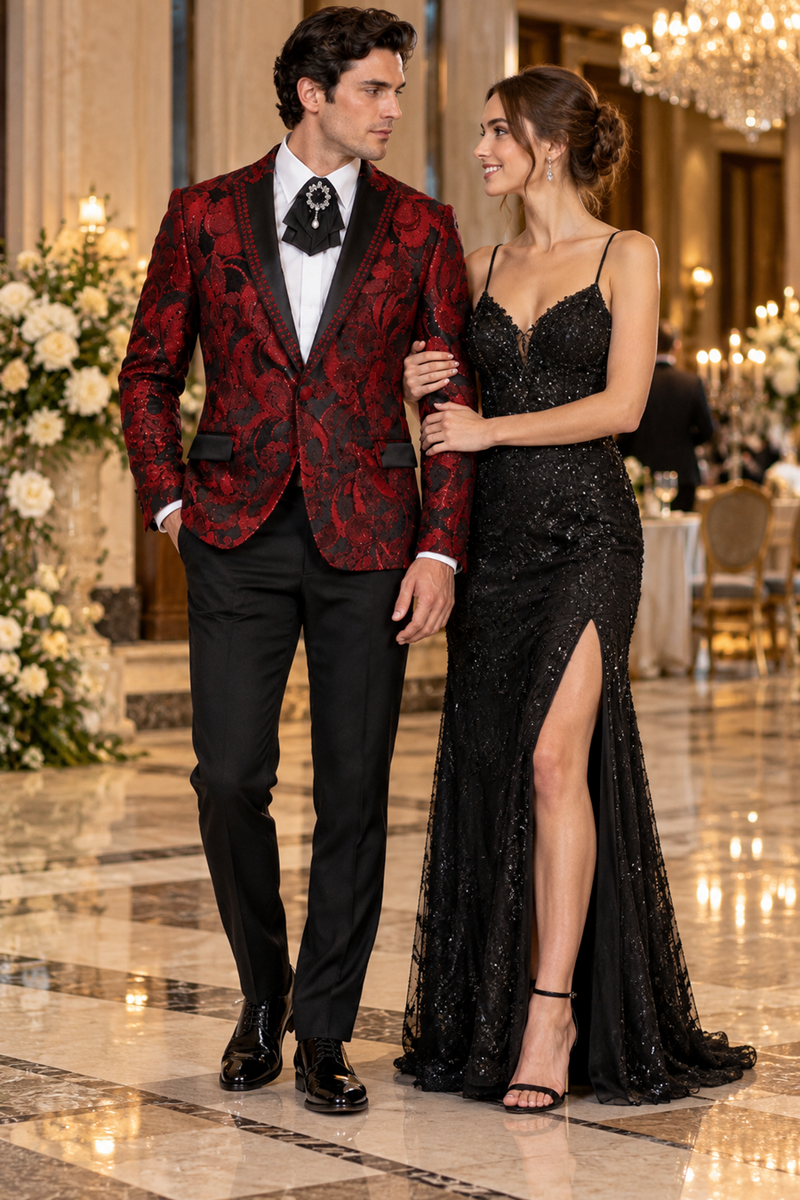 Mens Sequin Christmas Holiday Blazer – Luxury Party Jacket for New Year Jacket Sparkly Dinner Jacket in color "Burgundy Red & Black Floral"
