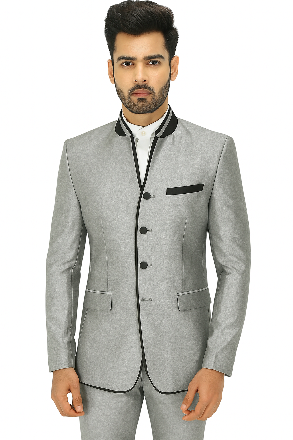 Mens 4 button Mandarin Tuxedo in Sharkskin Silver Grey with Black Trim