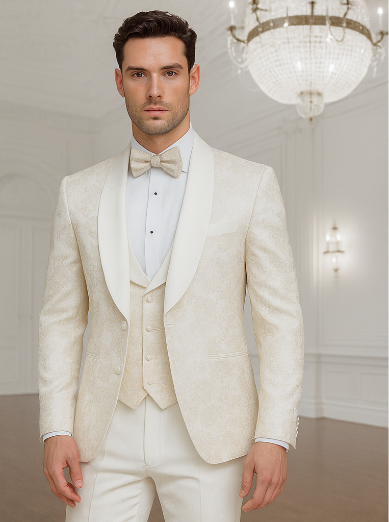 Mens Shawl Lapel Vested Wedding Prom Tuxedo in Ivory Off-white Gold ...