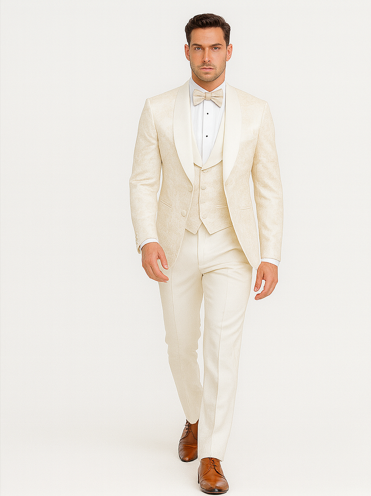 Mens Shawl Lapel Vested Wedding Prom Tuxedo in Ivory Off-white Gold Floral Paisley