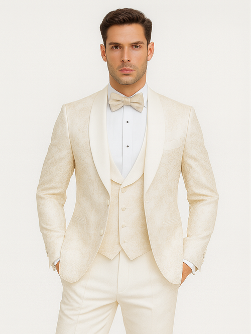 Mens Shawl Lapel Vested Wedding Prom Tuxedo in Ivory Off-white Gold Floral Paisley