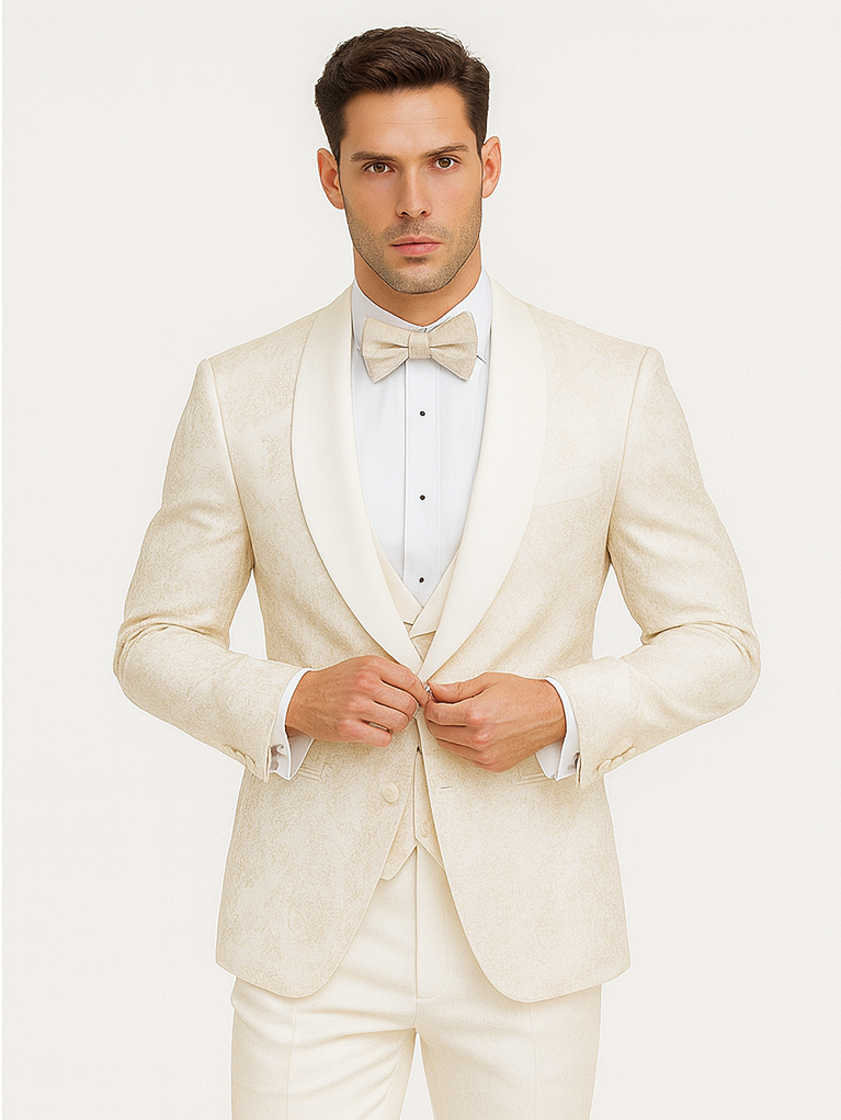 Mens Shawl Lapel Vested Wedding Prom Tuxedo in Ivory Off-white Gold Floral Paisley