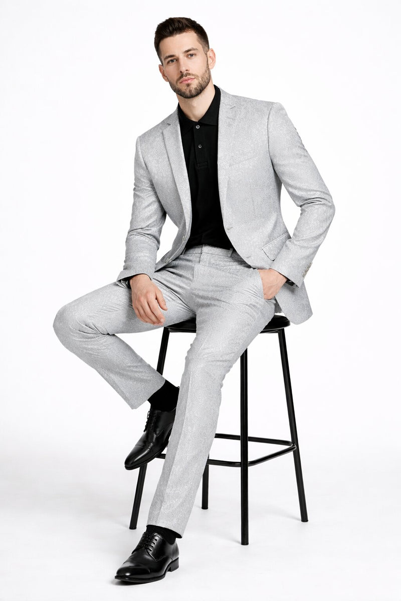 Mens Paisley Pattern Suit in Silver – Slim Fit Formal 2-Piece Set