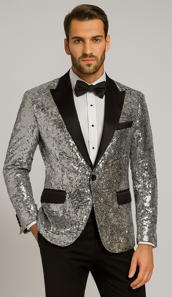 Men's silver sequin tuxedo. Fully sequined silver jacket with black satin lapel and pockets. Single-button closure, two front pockets. Perfect for prom or wedding.