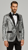 Men’s Silver Sequin Prom & Wedding Tuxedo – Black Satin Lapel