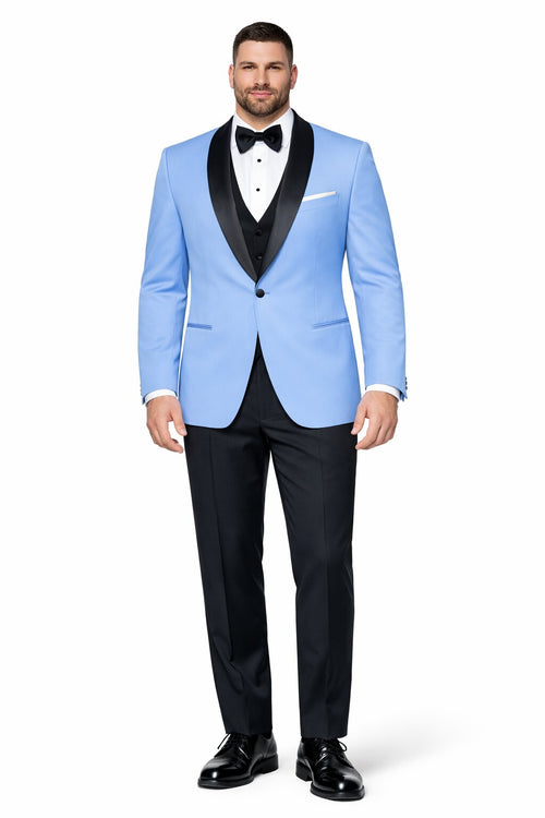 Mens Designer Satin Trim Valencia Shawl Tuxedo in Sky Blue