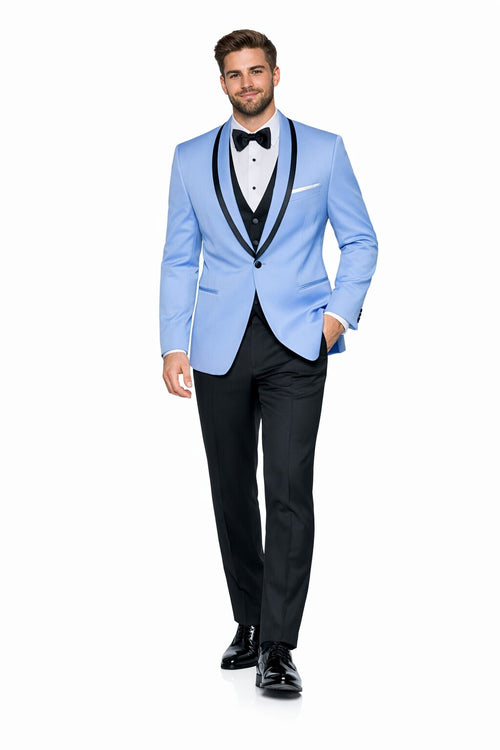Mens Designer Satin Trim Valencia Shawl Tuxedo in Sky Blue