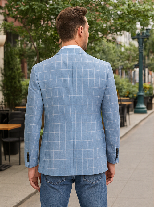 Men's Slim Fit Business Casual Summer Windowpane Plaid Blazer in Light Blue