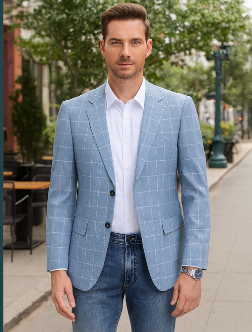 Men's Slim Fit Business Casual Summer Windowpane Plaid Blazer in Light Blue