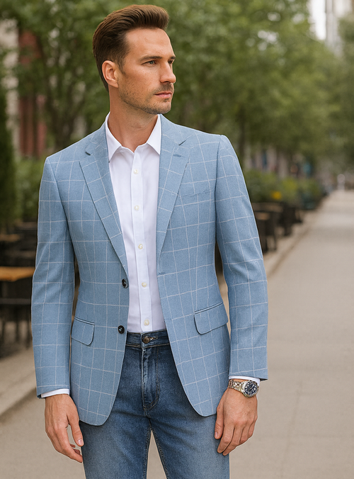 Men's Slim Fit Business Casual Summer Windowpane Plaid Blazer in Light Blue