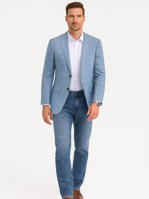 Men's Slim Fit Business Casual Summer Windowpane Plaid Blazer in Light Blue
