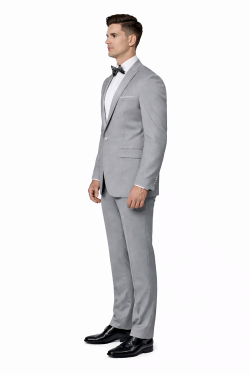 Men's Slim Fit One Button Satin Trim Peak Lapel Prom & Wedding Flat Front Pants Tuxedo In Light Grey