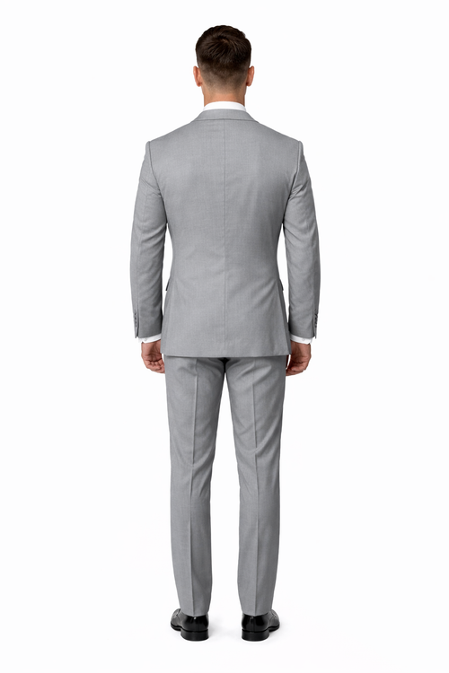 Men's Slim Fit One Button Satin Trim Peak Lapel Prom & Wedding Flat Front Pants Tuxedo In Light Grey